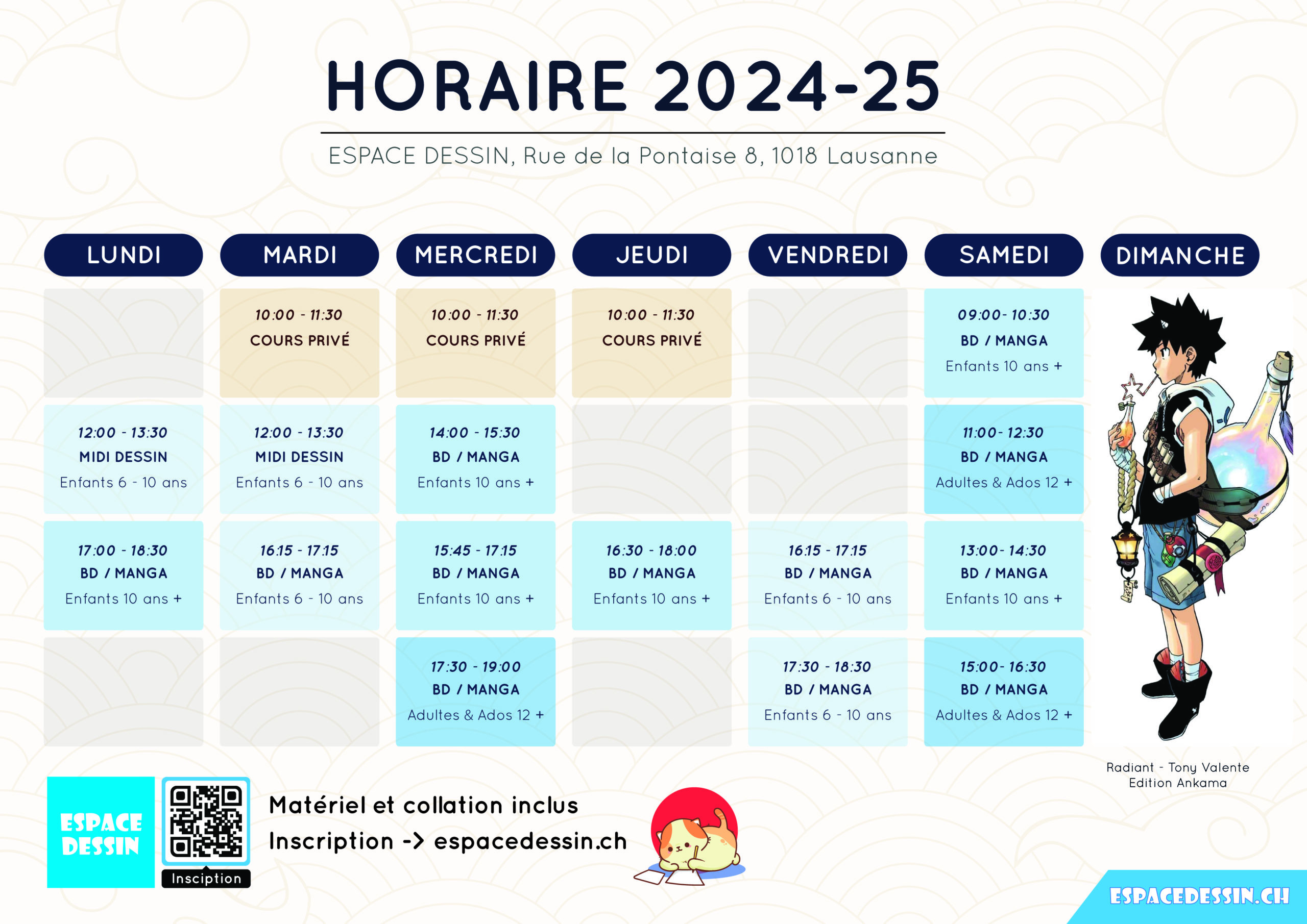 Horaires de cours Espace dessin Lausanne Pontaise. cours bd manga