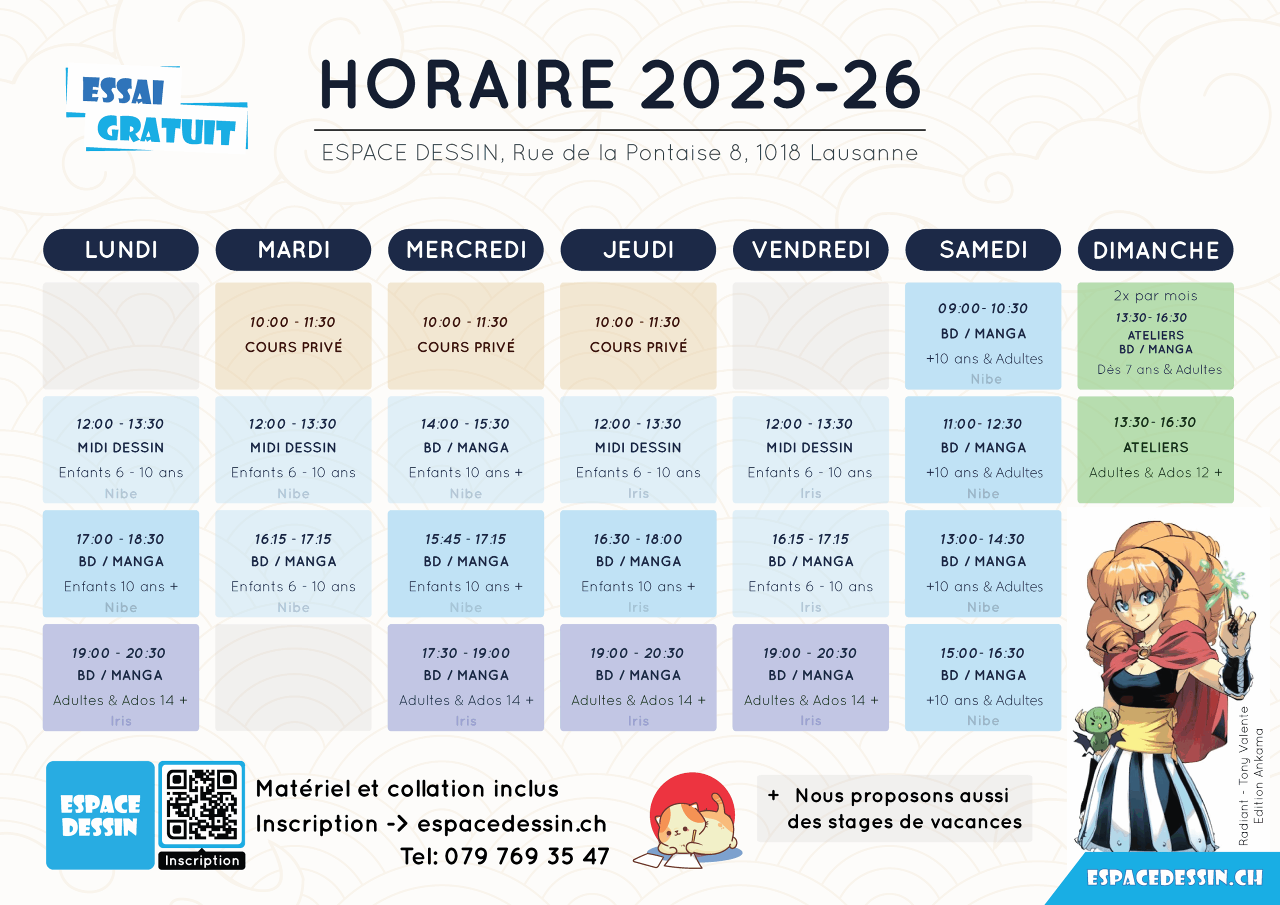 HORAIRE_COURS_HEBDOMADAIRES_2025-26_ESPACEDESSIN_A4_1-5 Horaires de cours Espace dessin Lausanne Pontaise. cours bd manga