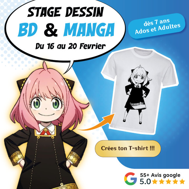 Affiche stage dessin manga BD Février Lausanne Anya Forger T-shirt