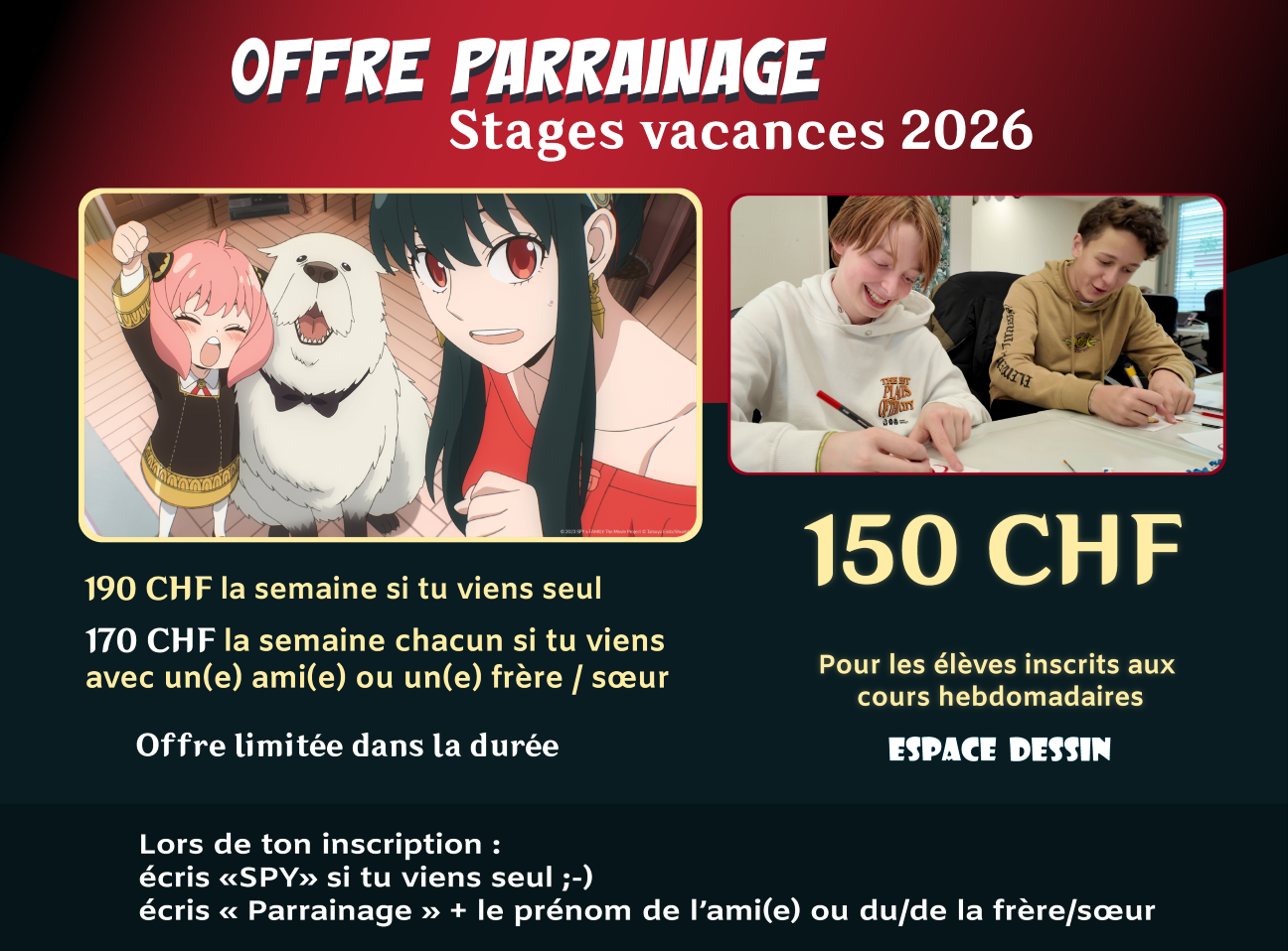 offre-espace dessin-stage-dessin-Lausanne-vaud-vacances-2026-offre-parrainage Offre parrainage stages vacances dessin 2026 Espace Dessin Suisse prix réduit manga Spy x Family.