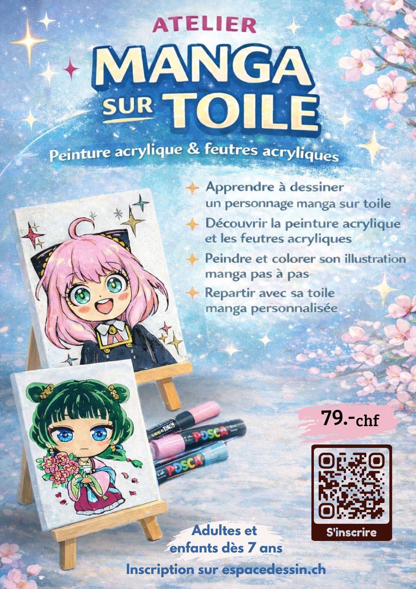 Affiche de l'atelier Manga sur toile à l'Espace Dessin Lausanne : apprendre à peindre un personnage manga à l'acrylique et aux feutres Posca