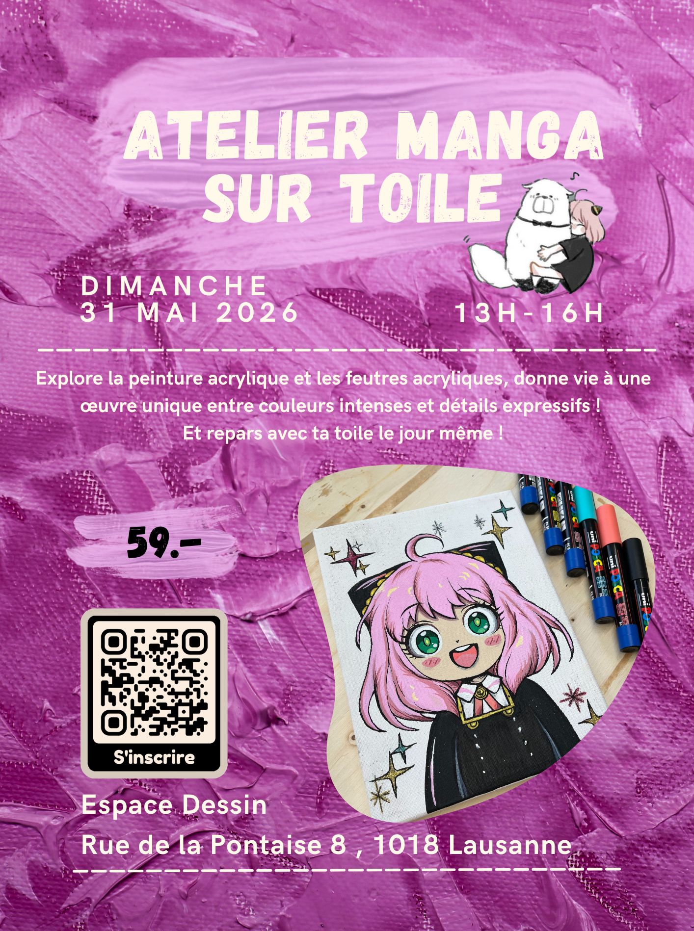 Affiche de l'atelier Manga sur toile à l'Espace Dessin Lausanne : apprendre à peindre un personnage manga à l'acrylique et aux feutres Posca